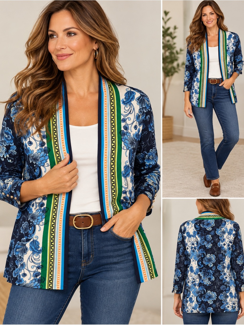 Chico’s Cardigan Sweater 00 XS Floral Border Print Open Front Blue Green Orange